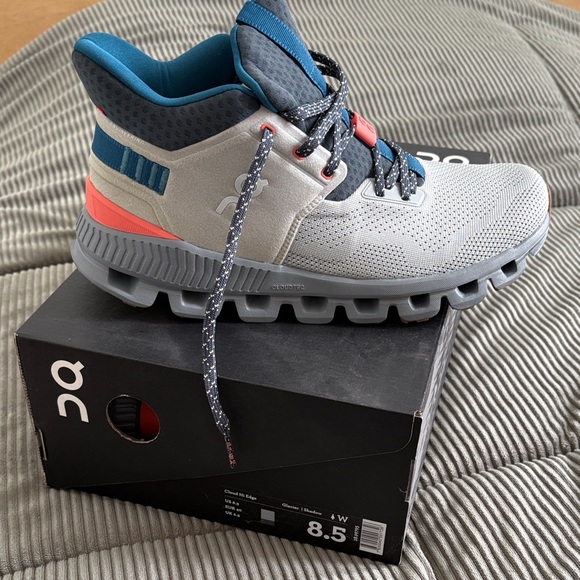 On Running Shoes - On Running Cloud Edge Womens Sneakers in Gray, Blue, and Salmon. Like slippers!